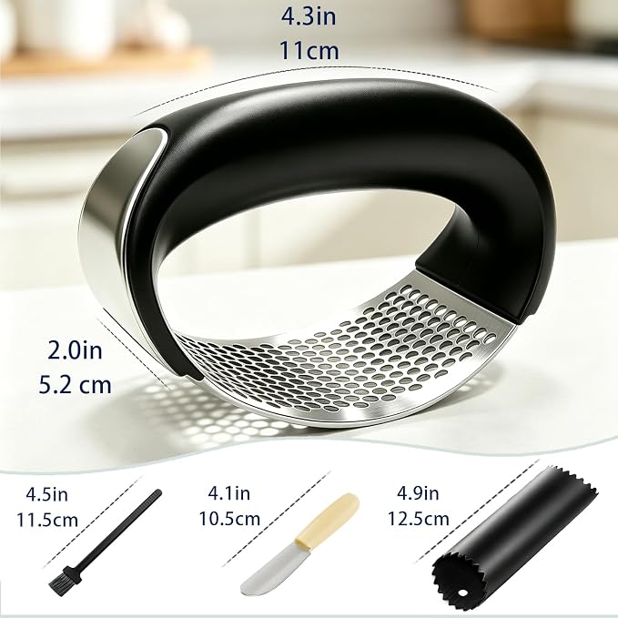 Garlic Press Rocker Set – Stainless Steel Garlic Crusher, Mincer with Peeler & Scraper, Quick & Easy Garlic Smashing