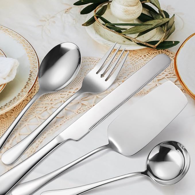 Serving Utensils 7 Pieces Stainless Steel Flatware include Cake Knife Server Large Spoon Spatula Big Fork Pefect For Festival Parties Buffet Catering Silverware