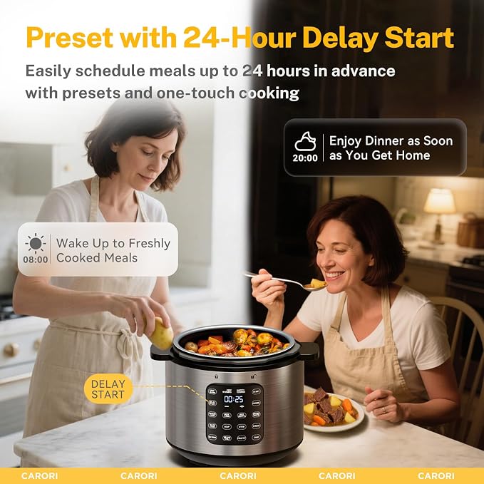 CARORI 9-in-1 Electric Pressure Cooker, 1200W Instant Multi-Cooker with IMD Touchscreen, Olla de Presion, Non-Stick Pot, Rice Cook, Slow Cook, Steamer, Sauté, Warmer, Safe Venting, Silver 8 Qt