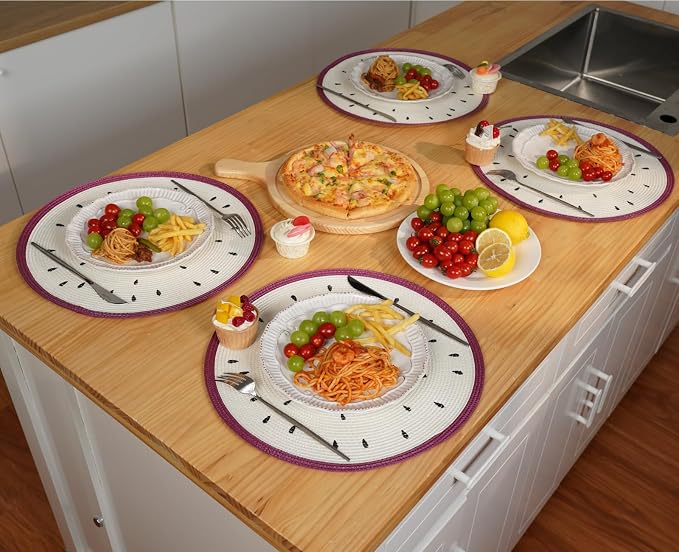 Zupro Round Placemats Set of 6,15inch Fruit Embroidered Table Mats Heat Resistant Non-Slip Washable,for Kitchen Dining Tables Four Seasons Dinner Parties Thanksgiving and Everyday Use.Pitaya White