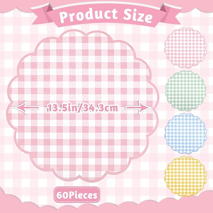 60Pcs Pastel Gingham Paper Placemats,13.5 Inch Scalloped Checkered Placemat | Disposable Tea Party Place Mats for Table Setting Baby Shower Wedding Bridal Banquet Birthday Decorations,4 Colors