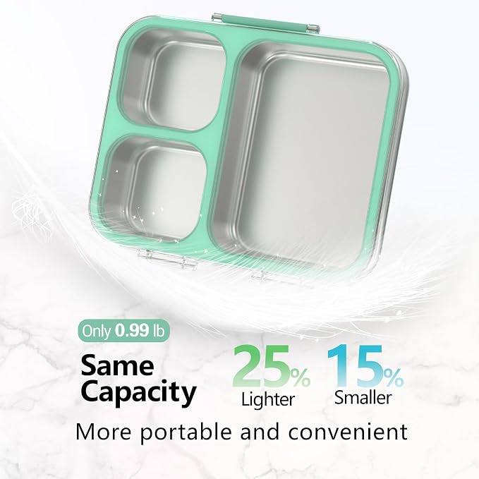 HOMEKOL Stainless Steel Bento Lunch Box 3-Compartment, 4.2Cups, Green | Leak-Proof Metal Lunch Container for Kids & Adults, BPA-Free, Dishwasher Safe, Clear Tritan Lid, 1000ml (Not Insulated)