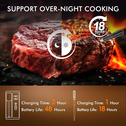 Wireless Meat Thermometer: 500FT Bluetooth Smart Meat Thermometer for Cooking and Grilling, CaloriMastery Digital Food Thermometer with Ultra-Thin Probe for Oven Safe, Kitchen, Smoker, BBQ
