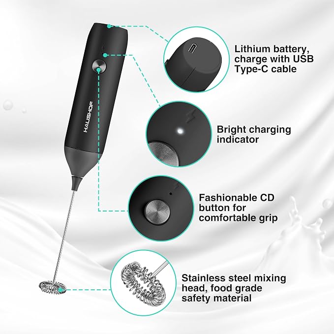 HAUSHOF Handheld Rechargeable Milk Frother Wand, Electric Coffee Mixer | Portable Coffee Frother, Detachable Stainless Steel Whisk, Drink Mixer for Matcha, Latte, Cappuccino, No Stand, Black