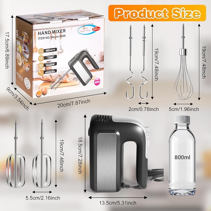 5-Speed 400W Electric Hand Mixer with Turbo – Powerful Handheld | Kitchen Mixer with 5 Stainless Steel Attachments for Dough, Cream, Batter, Eggs & Baking