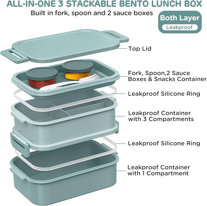 DaCool Lunch Box Adults Bento Box 74 OZ All-in-One Stackable Lunch Box Containers for Adult Large Bento Box with Fork Spoon Sauce Boxes, Leakproof Lunchbox for Work School Dining Out, Morandi-Green