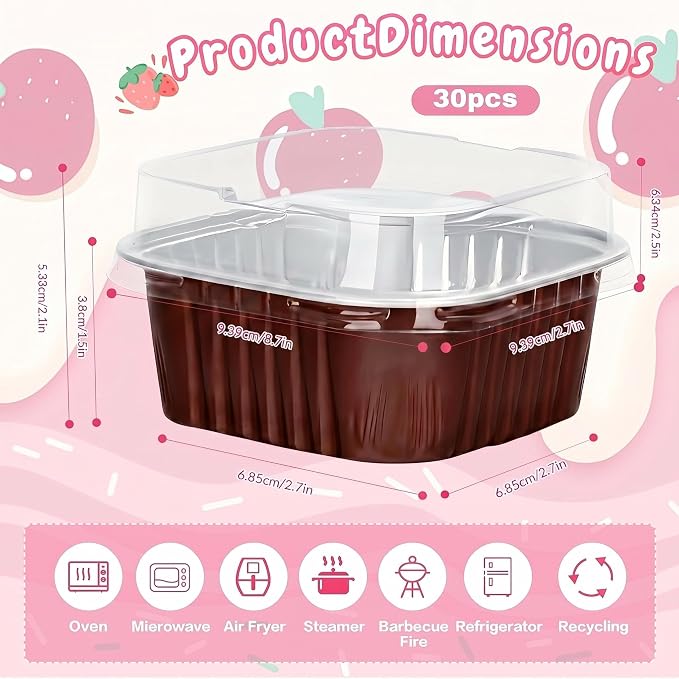 30Pack 5oz Brown Mini Cake Pans with Lids Baking Cups Aluminum Foil Pans Tins, Individual Dessert Cups Containers for Sales,Party,Picnics