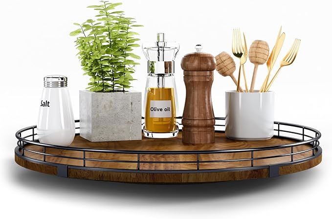 AMH 16-Inch Farmhouse Oak Lazy Susan Organizer, Walnut Finish | Smooth rotating oak tray with walnut finish for dining tables, kitchen counters, pantries and cabinet storage.