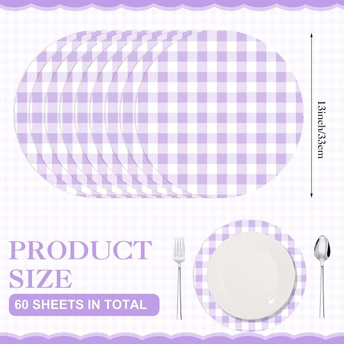Funnymoom 60 Pcs Purple and White Gingham Disposable Paper Placemats Round Table Place Mat Summer Checkered Decorative Paper for Baby Shower Wedding Birthday Party Dinner Table Decor