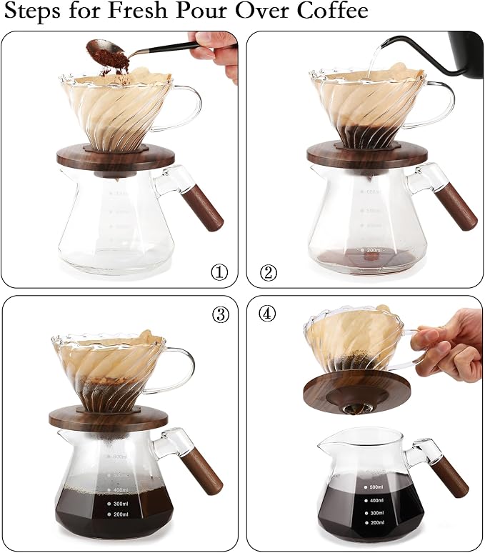 Lalord Pour Over Coffee Dripper, Borosilicate Glass with Walnut Collar, Includes 100 Size 02 Paper Filters, Drip Coffee Maker for 1-3 Cups, Clear