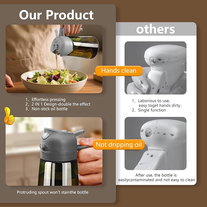 SWEET VIEW Olive Oil Dispenser and Oil Sprayer 16oz/470ml | Glass Light-Proof Oil Pourer for Kitchen Air Fryer, Cooking, Salad, and BBQ, with Stickers