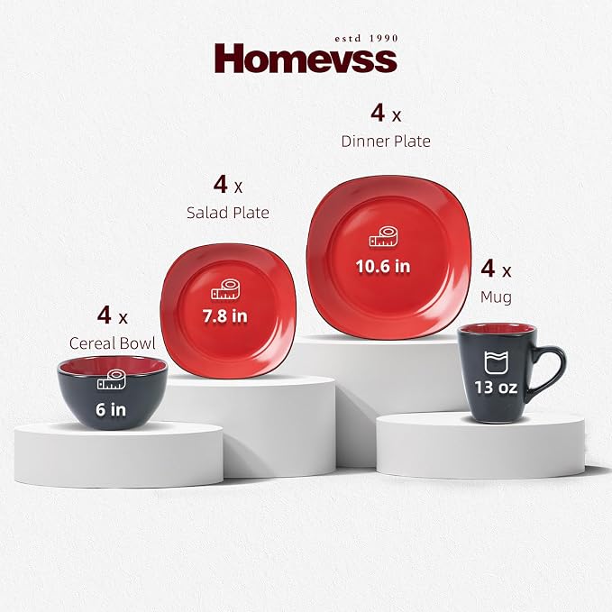 Stoneware Square 16pc Dinnerware Set, Inside Shiny Red + Outside Matte Black