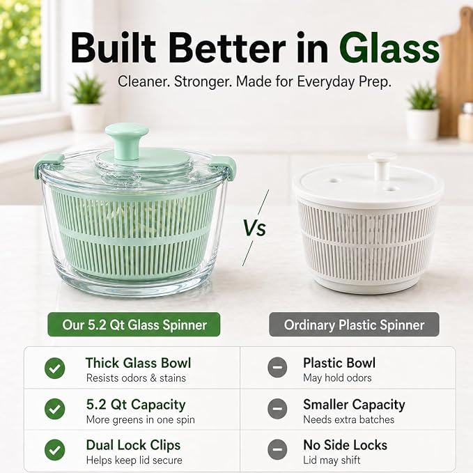 Large 5.2 Qt Glass Salad Spinner with Drain, Green | Microwave- and Dishwasher-Safe Glass Bowl, Transparent Lid, Crank Handle, Quick-Spin Salad Cleaner for Lettuce, Herbs & Fruit