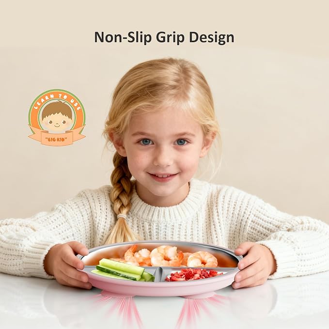Bakpoco 9" Stainless Steel Divided Toddler Plates with Removable Suction | Baby Plate with Silicone Sleeves for Kids Girls Non-Toxic Unbreakable Dishwasher Safe Dinnerware Set of 2, Pink & Beige
