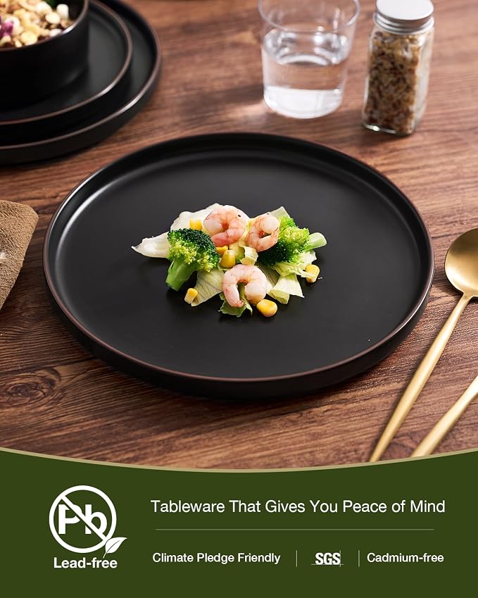 Famiware Nebula Ridge 24-Piece Dinnerware Set with Pasta Bowls, Matte Black | Stoneware Plates and Bowls for 6, Warm Hand-Painted Rims, Microwave and Dishwasher Safe