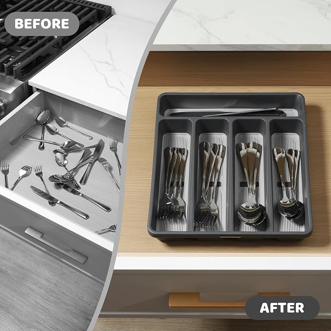 5-Compartment Silverware Organizer Tray with Icons for Kitchen Drawer | Non-slip TPR Linings，5-Compartment，High-quality Plastic，Fits Well In Standard Drawers，With Cutlery Icons