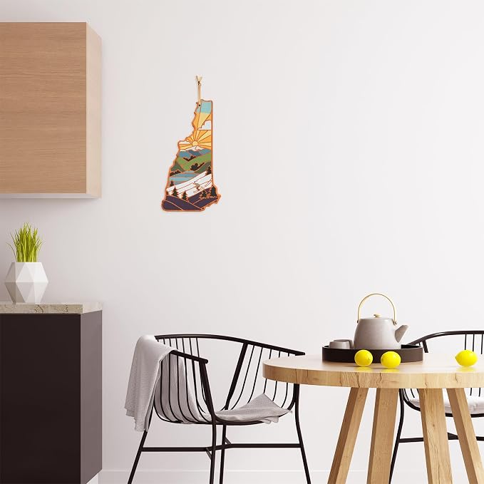 Totally Bamboo New Hampshire State Shaped Cutting Board, Summer Stokes Art | State charcuterie board with colorful hand-drawn landscape art. Smooth reverse side for food prep. Hang tie for wall display.
