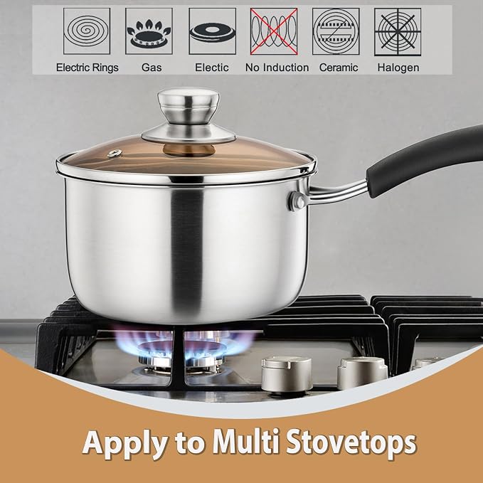 P&P CHEF 2 Quart Sauce Pan With Lid, Small Pot Saucepan for Milk, 1 Pc | Stainless Steel Saucepan, Small Sauce Pot for Cooking, Visible Glass Lid & Bakelite Heat-Proof Handles,Dishwasher Safe