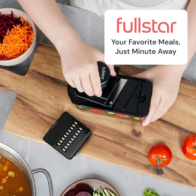 Fullstar Essential Mandoline Vegetable Slicer & Julienne Cutter | 2 in 1 Compact Fruit Cutter, Cucumber Slicer & Cheese Grater, with Stainless Steel Blades, Guard & 3-Cup Container (Black)