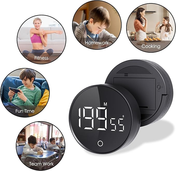Digital Kitchen Timers, Magnetic Rotary Timer with Large LED Display, 3 Volume Levels, 0-199Min Countdown/Up, Easy Operation for Cooking, Studying, Fitness, Kids & Seniors