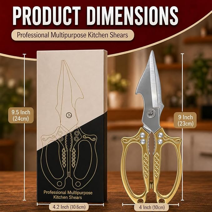 Premium Gold Kitchen Shears Heavy Duty, Stainless Steel Multipurpose Scissors for Chicken, Meat, Poultry, Seafood & Vegetables, Sharp Food Cutting Scissors for Kitchen Use