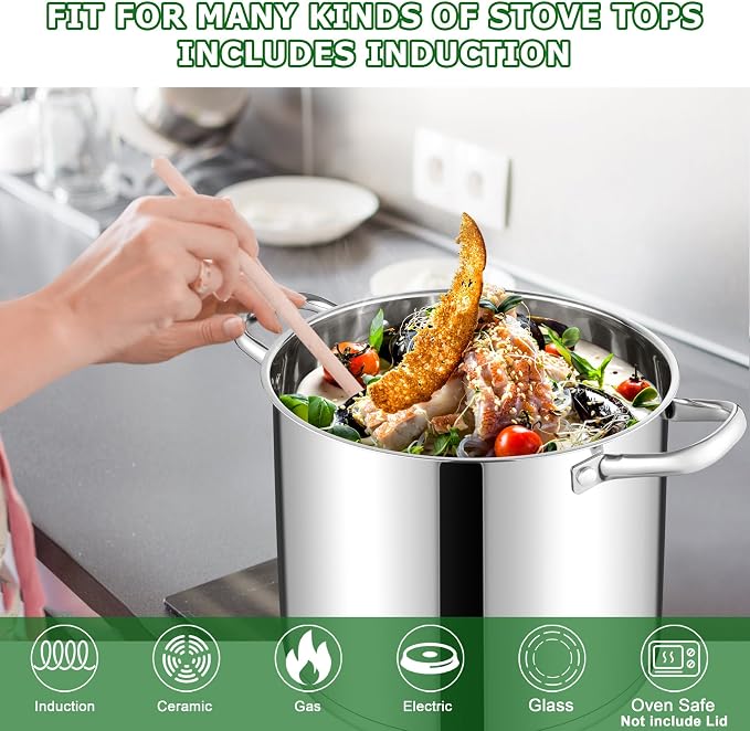 TeamFar 10QT Stock Pot, Stainless Steel Large Soup Cooking Pot & Lid | Tri-ply Bottom for Cooking/Boiling/Stewing, Induction/Gas/Ceramic, Healthy & Heavy-Duty, Riveted Handles & Dishwasher Safe