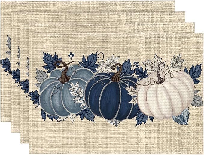 Artoid Mode Navy Blue Pumpkins Fall Placemats Set of 4-12 x 18 Inch | Heat-Resistant Table Mats, Washable Seasonal Autumn Kitchen Dining Decor