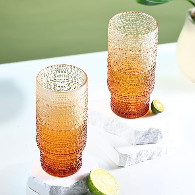 Large Capacity 16 oz Hobnail Drinking Glasses Set of 6, Vintage Glassware Drinking Glasses, Gradual Amber Water Glasses Tumbler, Thanksgiving Cups for Kitchen, Juice, Beer, Cocktail, Whiskey