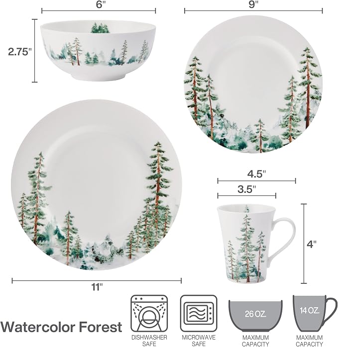 Mikasa Watercolor Forest Bone China Lightweight Chip Resistant 16 Piece Dinnerware Set, Service for 4, White