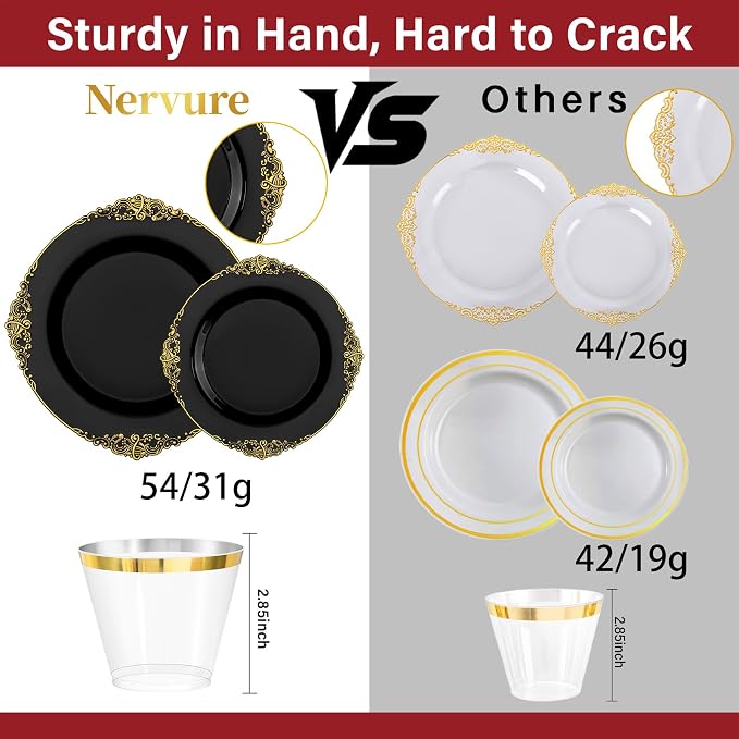 Nervure 175Pcs Black Plastic Plates, Disposable Party Plates for 25 Guests | 25 7.5" Dessert & 25 10.25" Dinner Plastic Plates, 75 Gold Cutlery, 25 9oz Cups, 25 Napkin for Wedding, Party & Retirement