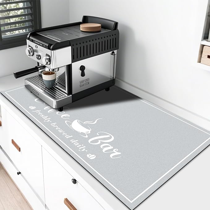 CooRug Fashion Coffee Mat, Dish Drying Mat 17" x 32" Light Grey | Hide Stain, Absorbent, Coffee Bar Accessories, Heat Resistant, Non-slip, Eco-friendly, Easy to Clean