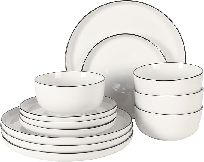 Gibson Home Oslo 12-Piece Porcelain Dinnerware Set – Dinner Plates, Salad Plates & Bowls, Classic White With Black Rim Everyday Dish Set for Home, Kitchen, Microwave & Dishwasher Safe