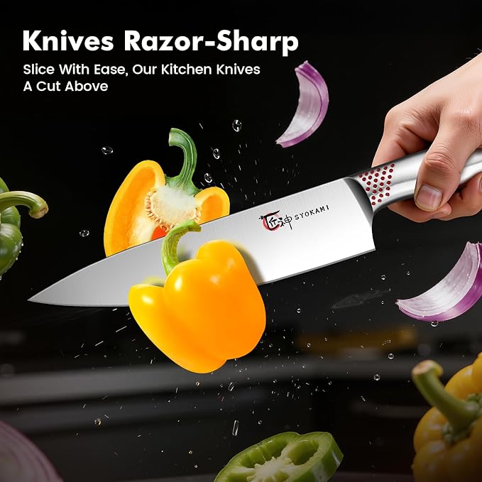 Japanese Knives Set for Kitchen, Magnetic Knife Set with Block and Sharpener, Stainless Steel Knife Set as Gift for Couple, Wedding, Women or Mom with Gift Box, 14 PCS Red Dot
