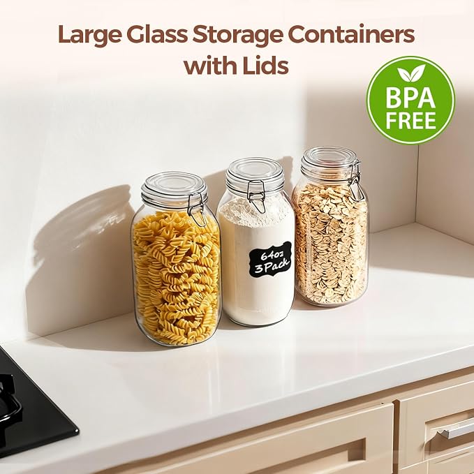 ComSaf Large Glass Jars with Airtight Lids 71 oz 3 Pack Pantry Organization | Flour sugar rice, Pickling jar, Fermenting Pantry Canisters, Sourdough starter, Large capacity, Dry goods, Sourdough pickling