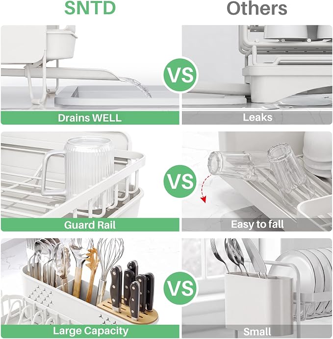 SNTD Large Dish Drying Rack for Kitchen Counter, Expandable, White | Stainless Steel Dish Drainer, Adjustable Length 18.9''-29.3'', Automatic Drainage, 360° Spout, Cutlery Holder with Knife Slot