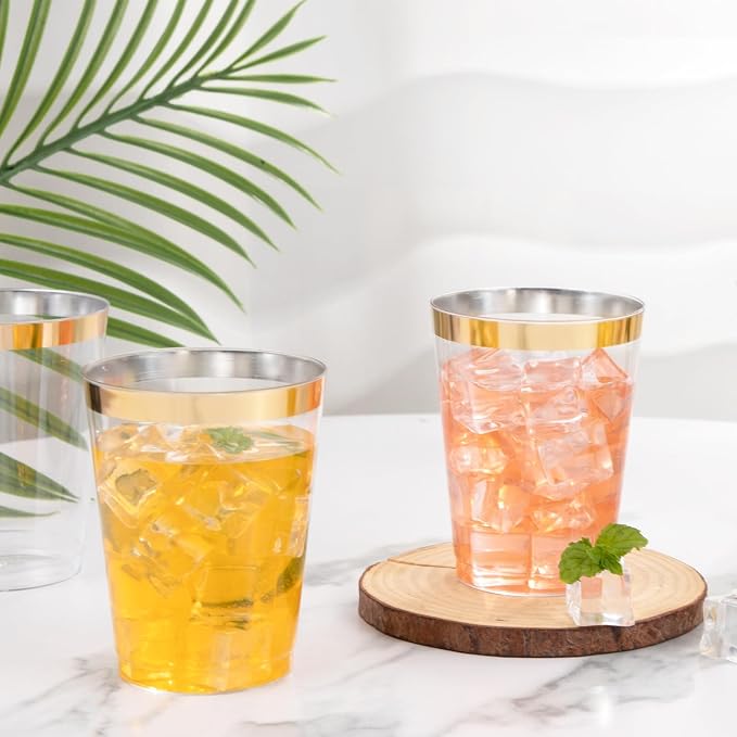 I00000 100 Pcs Gold Plastic Cups,10 oz Clear Plastic Cups with Gold Trim, Beer Mugs，Disposable Hard Cup For Party, Premium Cup Perfect for Wedding & Party