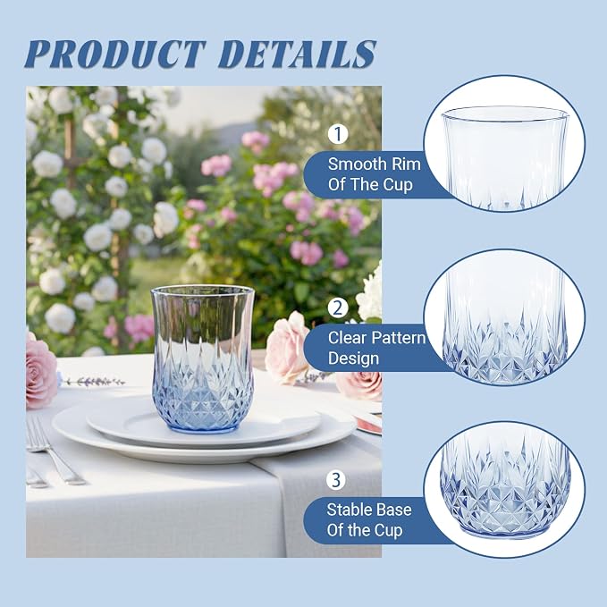 40 Pack Plastic Stemless Wine Glasses, 12oz Unbreakable Wine Cups | Reusable Fancy Vintage Drinking Glass Bulk for Cocktail, Whiskey, Juice, Elegant Decor for Wedding, Party & Holiday Events