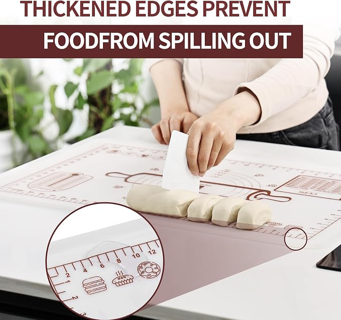 Silicone Baking Mat 20"L x 28"W, Extra Thick Dough Rolling Pad with Measurements and Edge Heightening, Non-stick Food Grade Silicone Pastry Mat for Pastry, Bread, Cookies (Transparent)