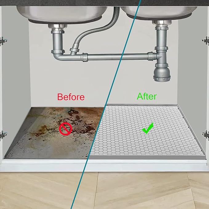 Under Sink Mat 28 x 19 for Kitchen Waterproof, Silicone Under Sink Liner, Bathroom Kitchen Cabinet Protector Mat, Easy to Clean Cabinet Mat Organizers and Storage, Light Grey
