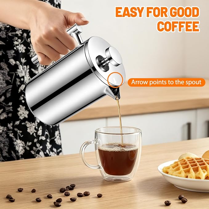 304 Thickened Stainless Steel 800ml French Press 27.05oz Moka Pot | Coffee Maker French Coffee Presses Cold Brew Cafetera Tea pot for Home & Camping Gifts Decor Bar Accessories Silver