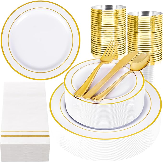 GATHER 350PCS Gold Plastic Plates for Wedding and Party | White and Gold Disposable Dinnerware Set include 100 Plates, 150 Silverware, 50 Napkins, 50 Cups for Bridal Shower