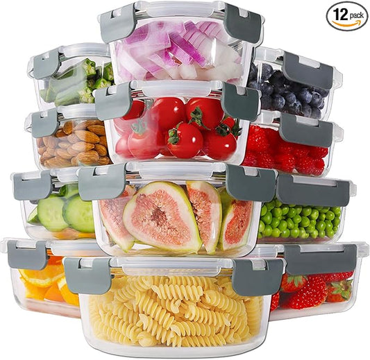HOMBERKING 24pc Borosilicate Glass Food Storage Containers with Snap Locking Lids, Glass Meal Prep Containers, Airtight Lunch Boxes, Oven, Freezer and Dishwasher Safe, BPA Free, Kitchen Storage Set