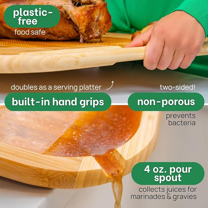HUGE Organic Bamboo Extra Large Carving Board with Lifetime Replacements - 2XL Meat Cutting Board and Wooden Butcher Block with Pour Spout, Turkey Platter for Christmas Holiday Essentials