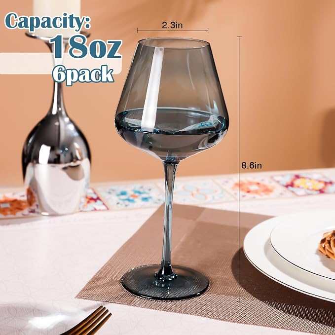 Blue Wine Glass Set of 6-18oz Lead-Free Crystal Burgundy Wine Glasses, Glassware for Parties& Special Occasions