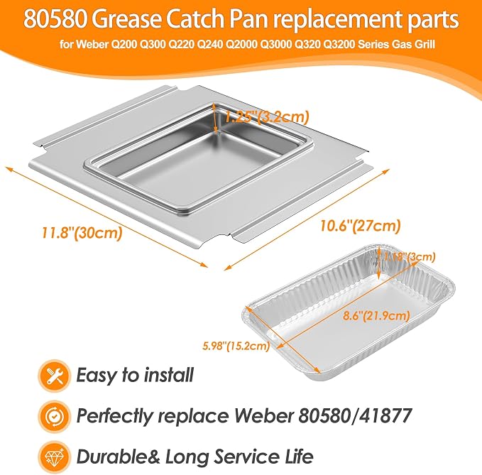 80580 Grease Catch Pan with 12 Pack Drip Pan Liners for Q200 & Q300 Grills | Grill Grease Tray for Weber Q2000 Q2200 Q200 Q220 Q3000 Q3200 Q240 Q300 Q320 Q2400 394001 Grill Drip Pan Replacement Parts