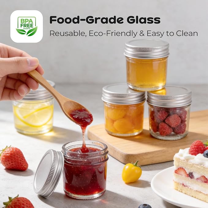 6 Pack 2 oz Mini Mason Jars, Small Glass Jars with Lids | One-piece airtight lids with inner seals; for ginger shots, honey, sauces, spices and wedding favors; labels, twine & tags.