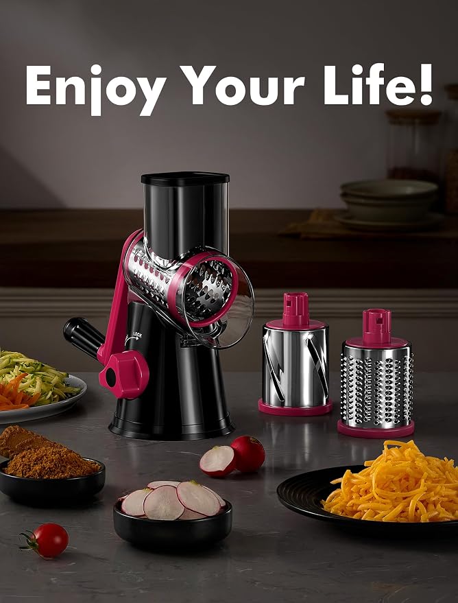 GDL Cheese Grater Hand Crank, Rotary Cheese shredder, Vegetable Slicer | 3 Stainless Steel Blades, 12x Fast Cutting, Non-slip Suction Base, No BPA, Dishwasher Safe, Easy Use for Cheese, Veggies, Nut