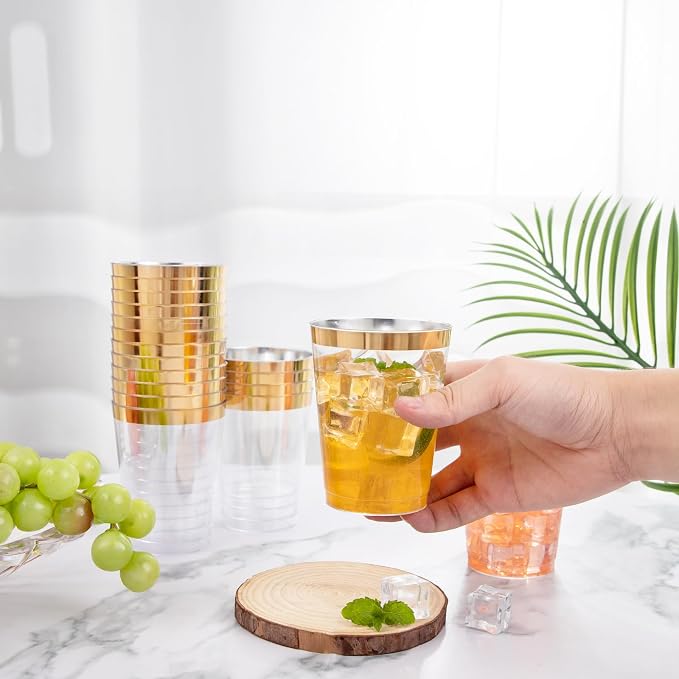 I00000 100 Pcs Gold Plastic Cups,10 oz Clear Plastic Cups with Gold Trim, Beer Mugs，Disposable Hard Cup For Party, Premium Cup Perfect for Wedding & Party