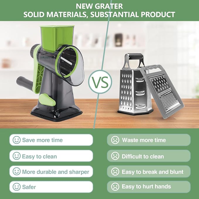 Rotary Cheese Grater with Handle-Versatile Cheese Grater | Non Slip Suction Base,Cheese Shredder&Food Slicer for Cheese,Carrots,Cucumbers,Nuts Compact&Easy Clean Kitchen Kitchen Tool