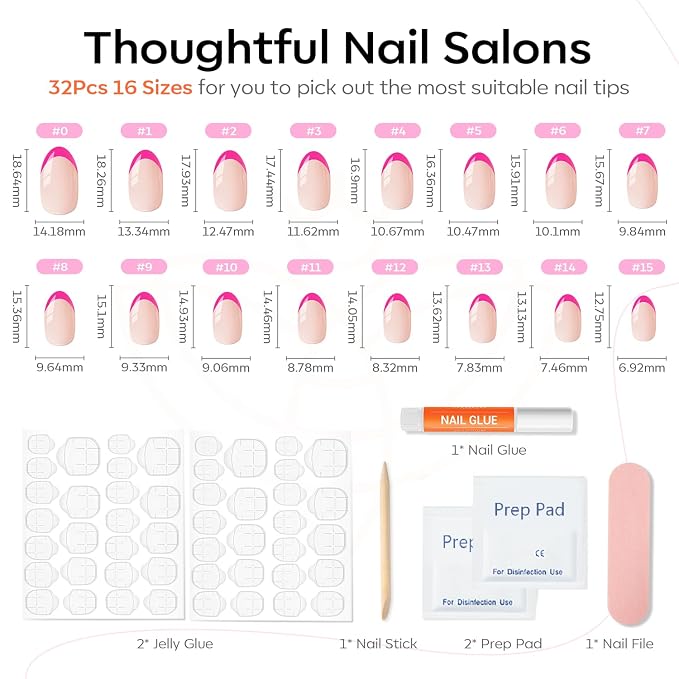 Modelones French Tip Press on Nails Short, Hot Pink Oval Fake Nails | Reusable Nail Kit with Nail Glue Adhesive Tabs Mini Nail File, Nails Press Ons 32Pcs 16Sizes, Women Girl Gift, Summer
